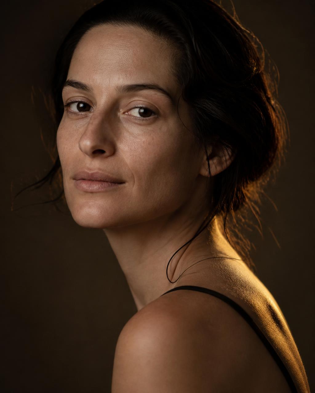 Retrato editorial con luz cálida que perfila el rostro