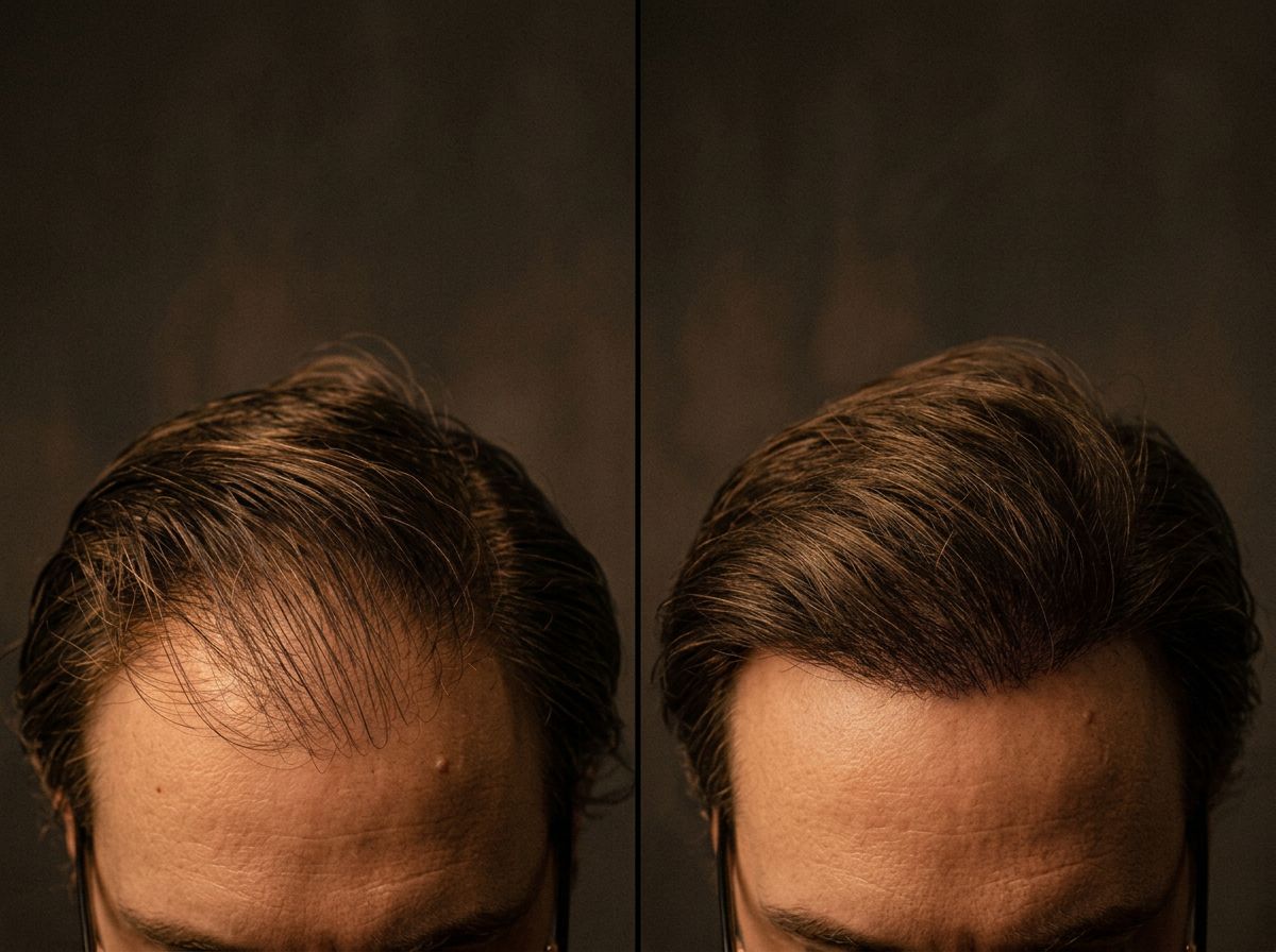 Antes y después de tratamiento capilar: línea frontal más densa